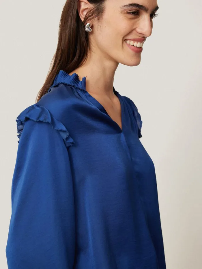Jigsaw Recycled Satin Ruffle Top Blue Women Shirts and Tops