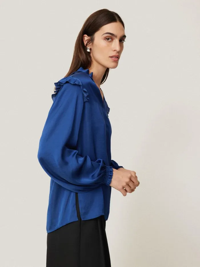 Jigsaw Recycled Satin Ruffle Top Blue Women Shirts and Tops