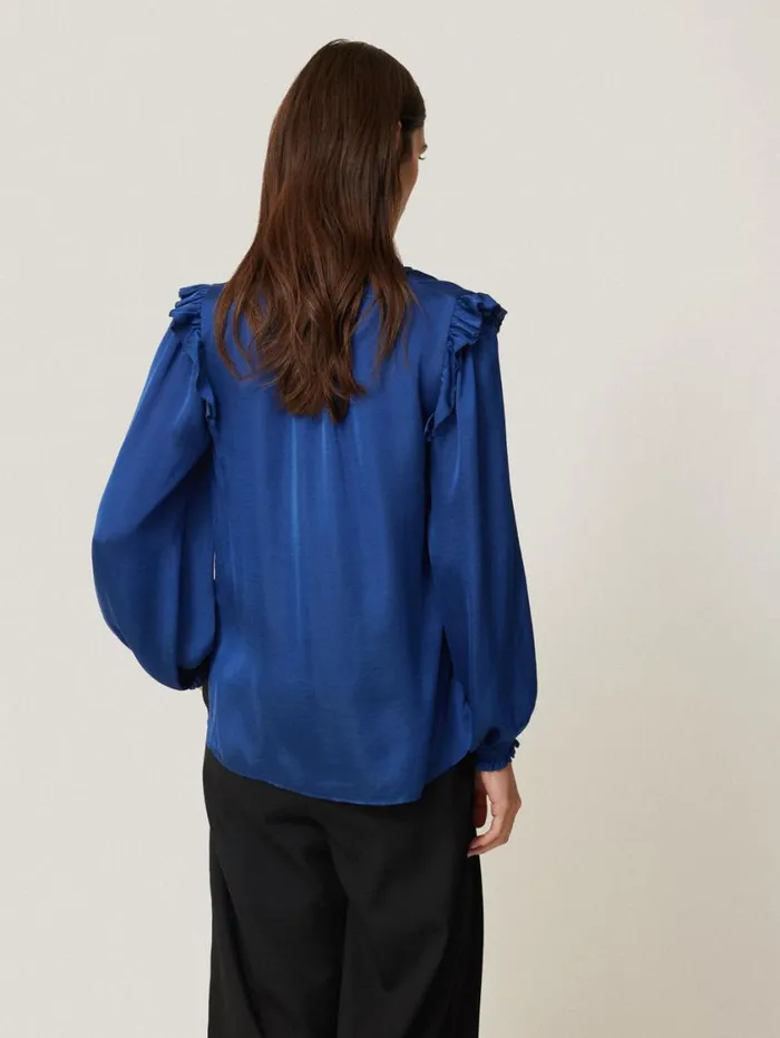 Jigsaw Recycled Satin Ruffle Top Blue Women Shirts and Tops