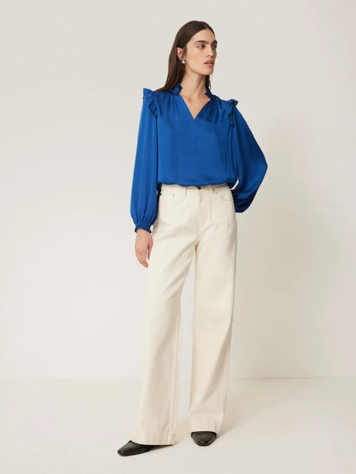 Jigsaw Recycled Satin Ruffle Top Blue Women Shirts and Tops