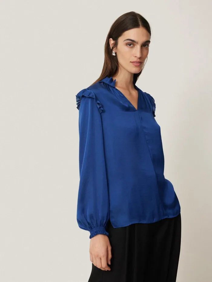 Jigsaw Recycled Satin Ruffle Top Blue Women Shirts and Tops
