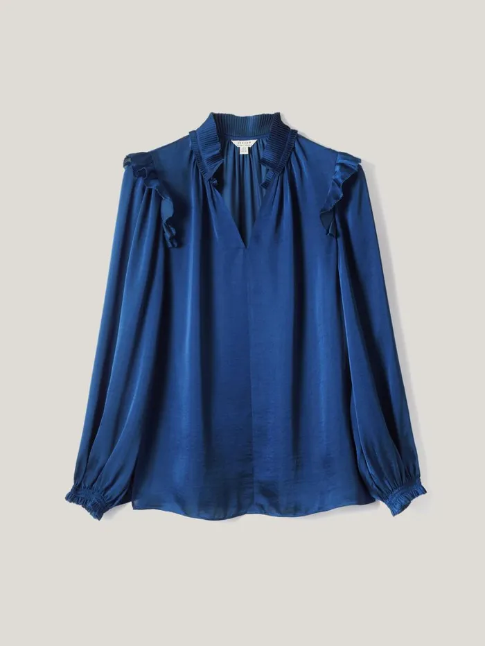 Jigsaw Recycled Satin Ruffle Top Blue Women Shirts and Tops