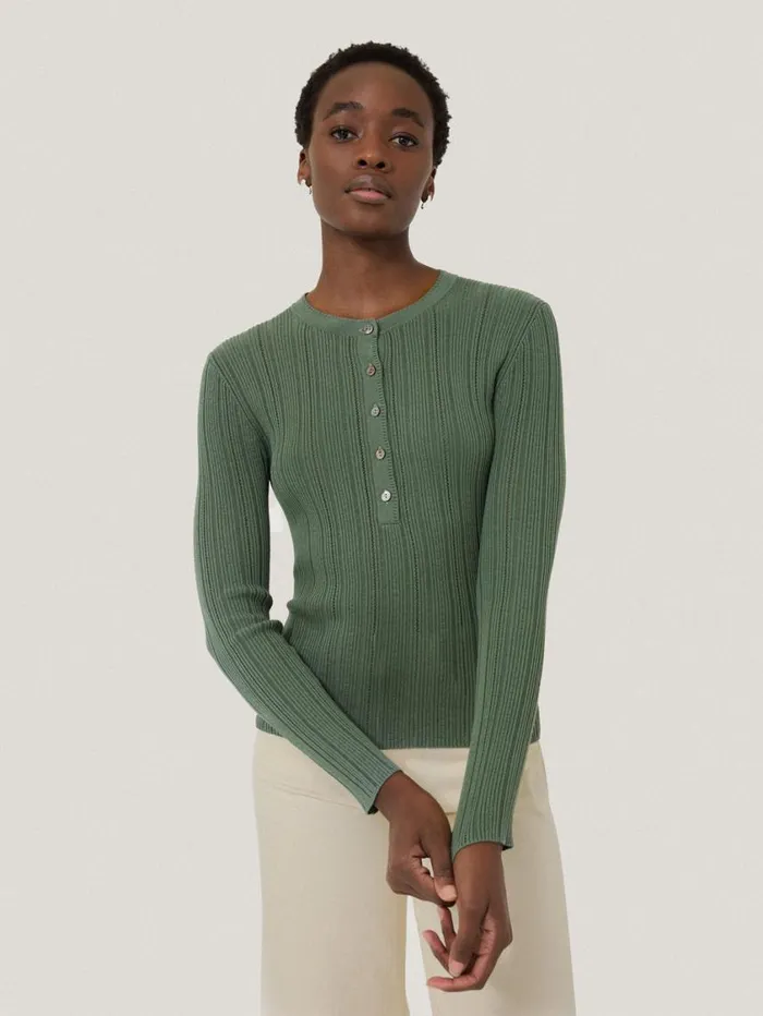 Jigsaw Rib Pointelle Henley Jumper Green Women Knitwear and Cashmere