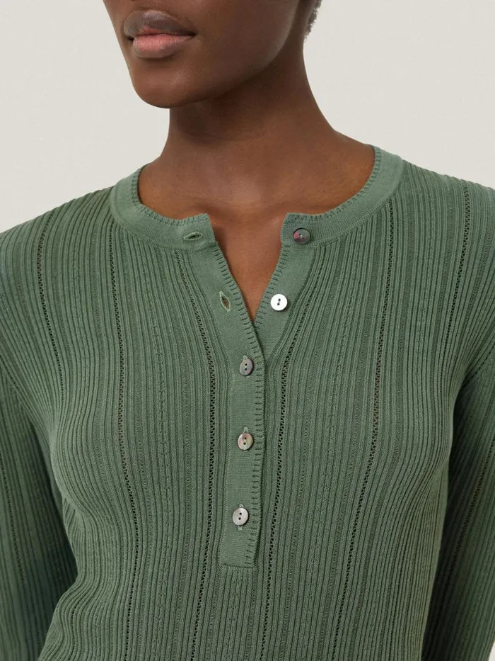 Jigsaw Rib Pointelle Henley Jumper Green Women Knitwear and Cashmere