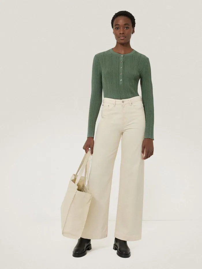 Jigsaw Rib Pointelle Henley Jumper Green Women Knitwear and Cashmere