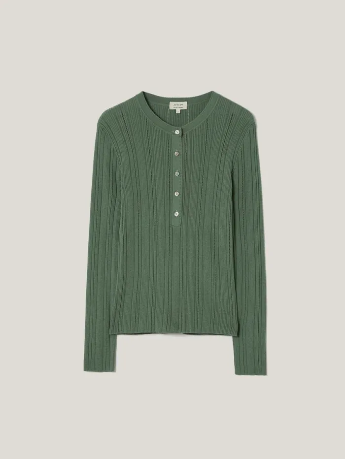 Jigsaw Rib Pointelle Henley Jumper Green Women Knitwear and Cashmere