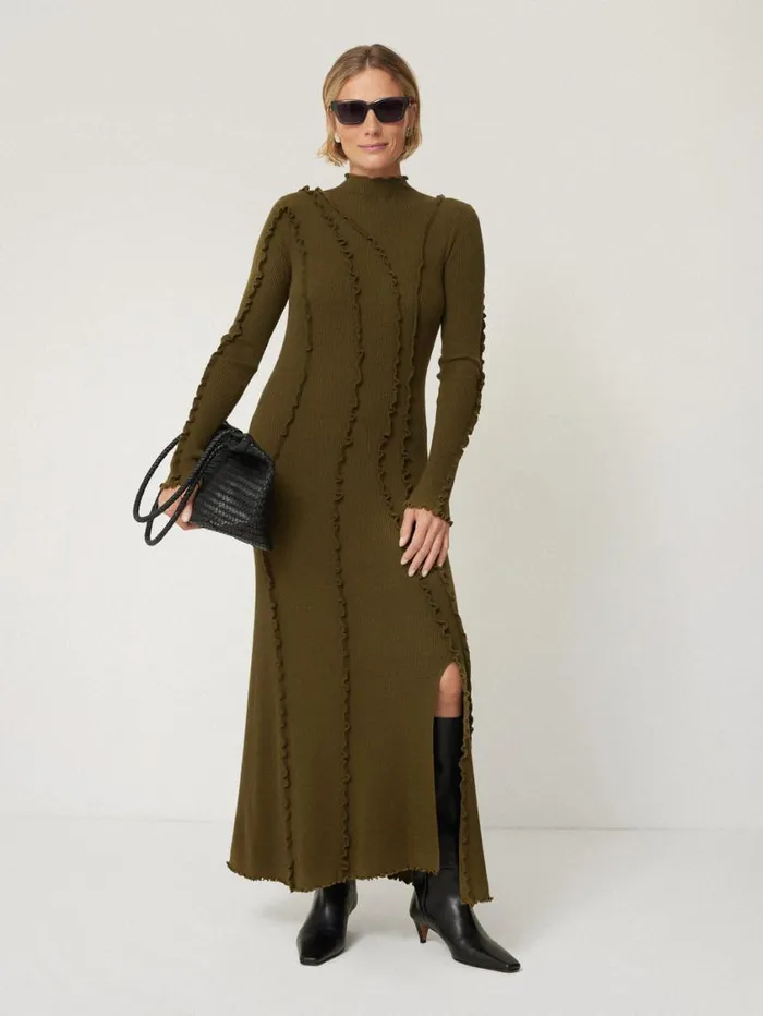 Jigsaw Ruffle Detail Knitted Dress Khaki Women Dresses and Jumpsuits