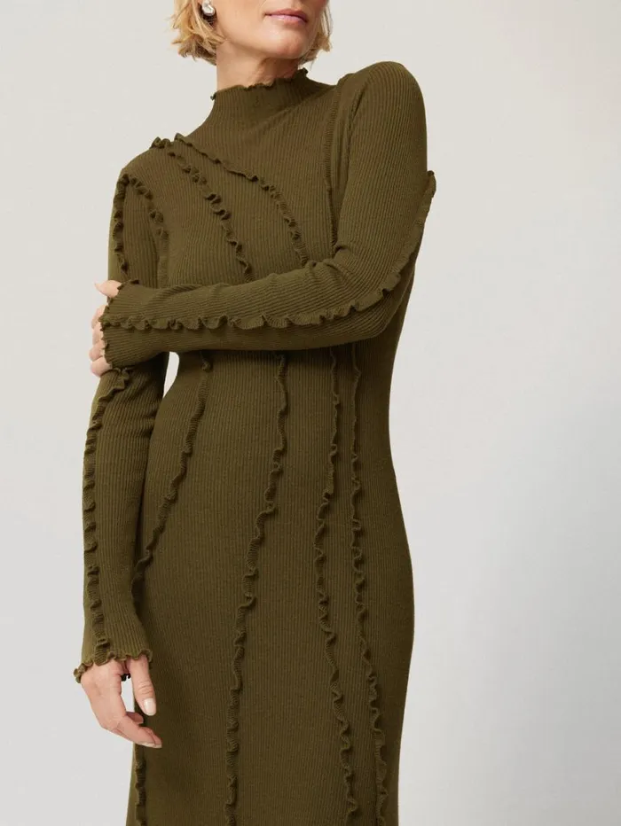 Jigsaw Ruffle Detail Knitted Dress Khaki Women Dresses and Jumpsuits