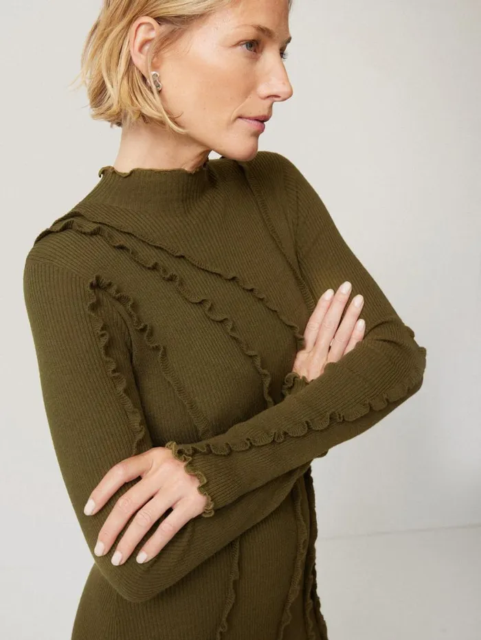 Jigsaw Ruffle Detail Knitted Dress Khaki Women Dresses and Jumpsuits