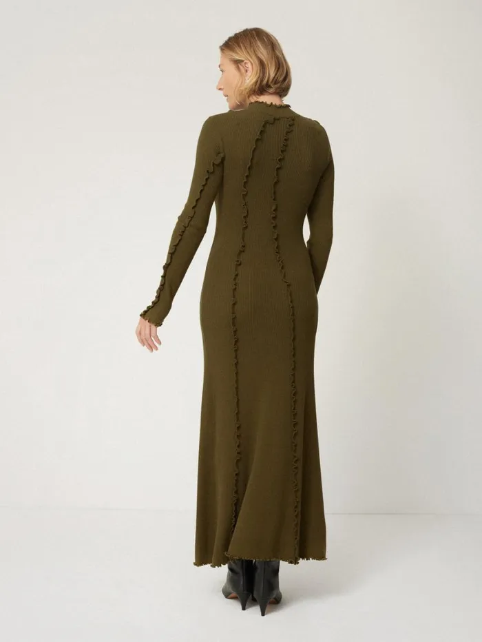 Jigsaw Ruffle Detail Knitted Dress Khaki Women Dresses and Jumpsuits