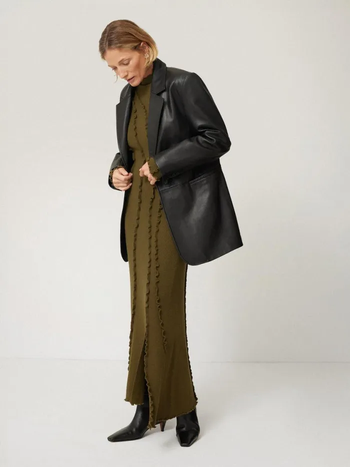 Jigsaw Ruffle Detail Knitted Dress Khaki Women Dresses and Jumpsuits