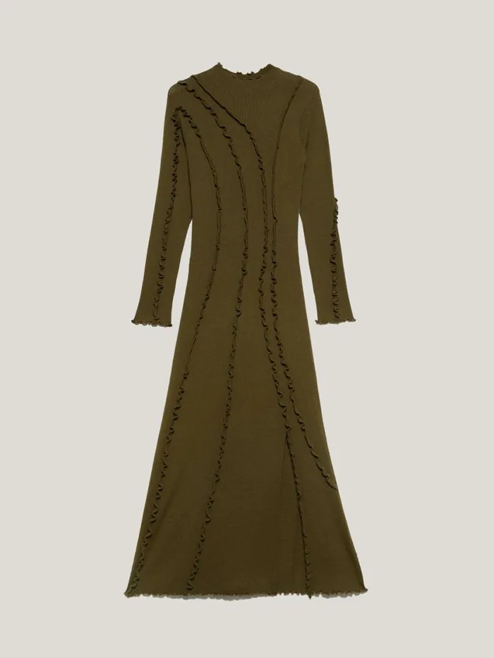 Jigsaw Ruffle Detail Knitted Dress Khaki Women Dresses and Jumpsuits
