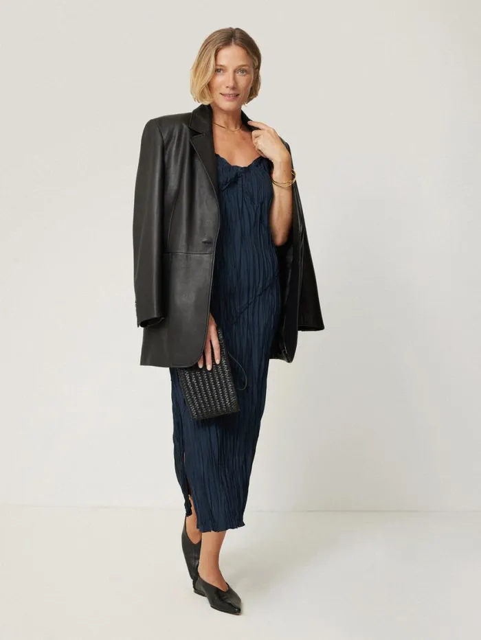 Jigsaw Satin Drape Plisse Slip Dress Navy Women Dresses and Jumpsuits