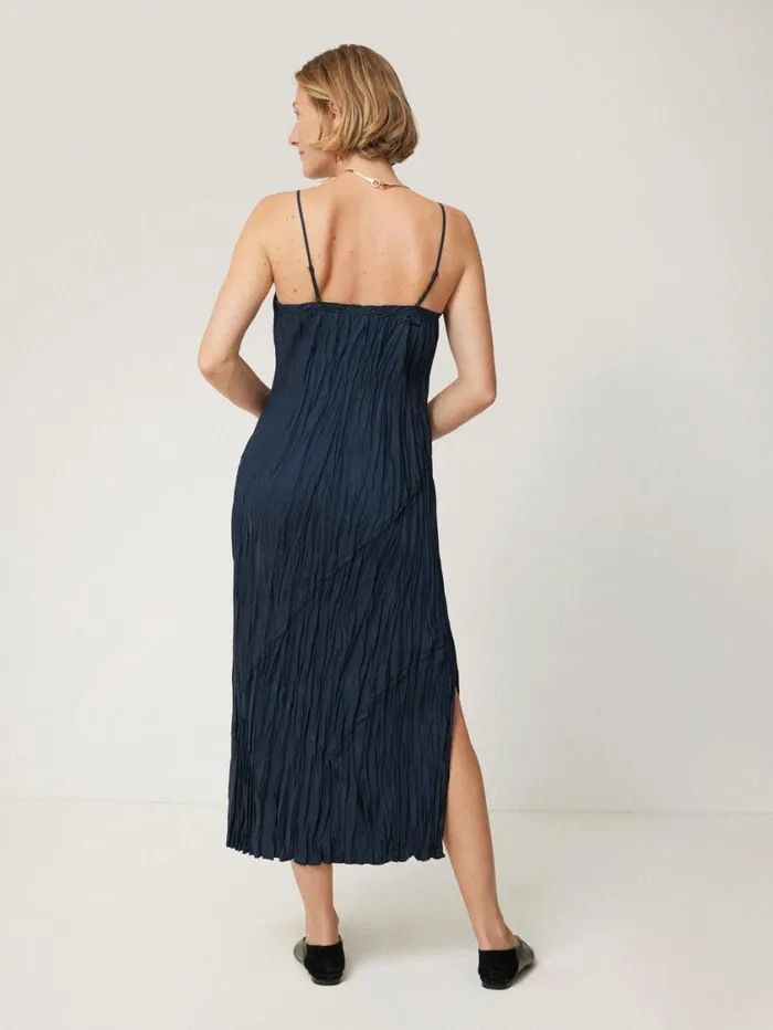 Jigsaw Satin Drape Plisse Slip Dress Navy Women Dresses and Jumpsuits