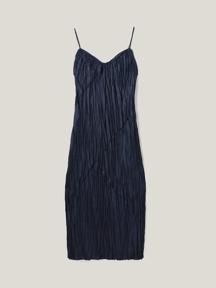 Jigsaw Satin Drape Plisse Slip Dress Navy Women Dresses and Jumpsuits