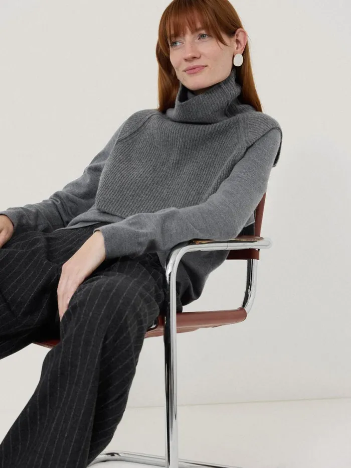 Jigsaw Wool Cashmere Roll Neck Bib Grey Women Ponchos and Scarves