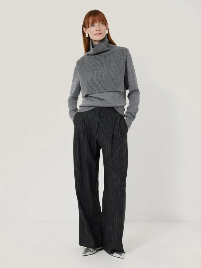Jigsaw Wool Cashmere Roll Neck Bib Grey Women Ponchos and Scarves