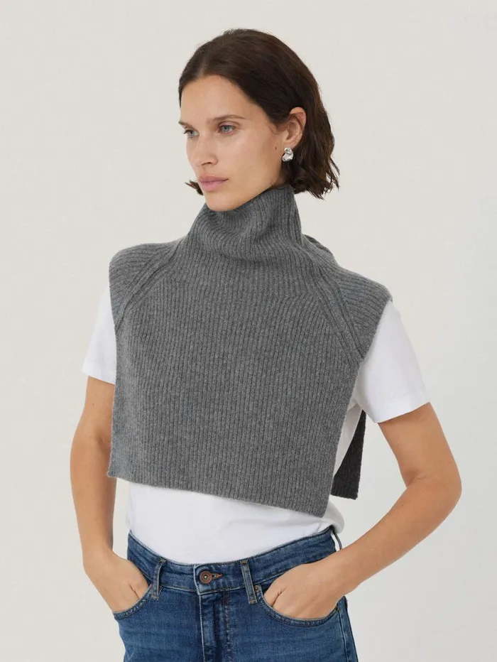 Jigsaw Wool Cashmere Roll Neck Bib Grey Women Ponchos and Scarves