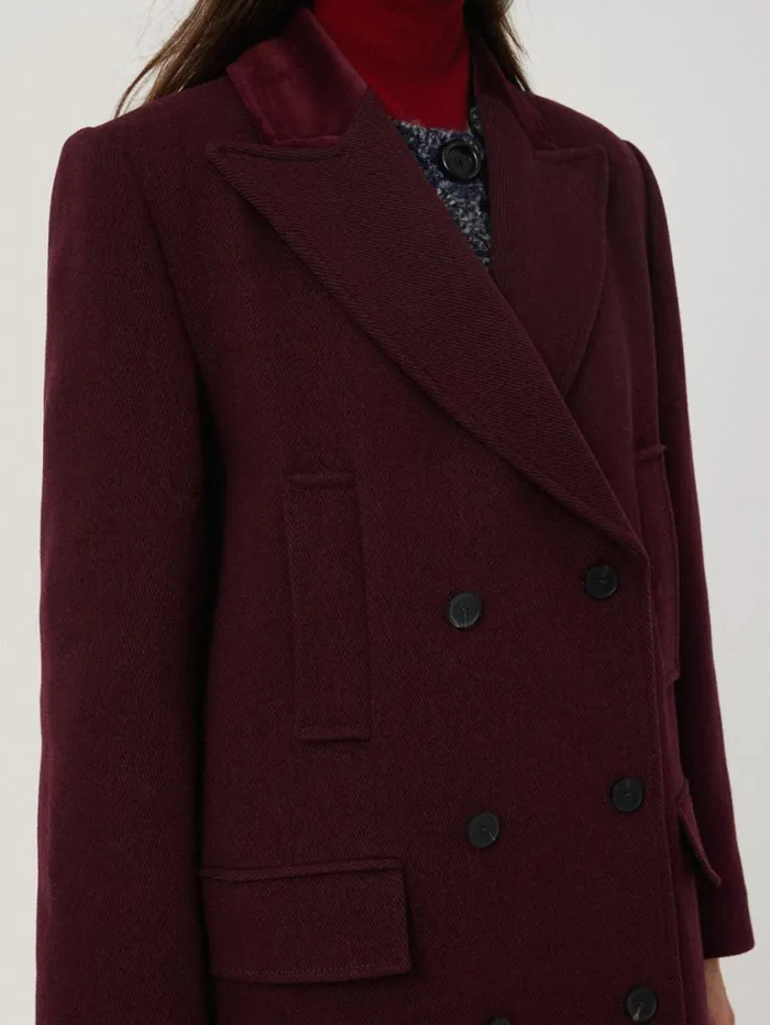 Jigsaw Wool Double Breasted Overcoat Burgundy Women Coats and Jackets