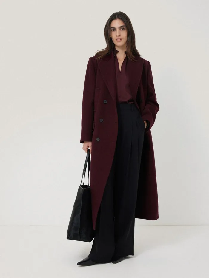 Jigsaw Wool Double Breasted Overcoat Burgundy Women Coats and Jackets