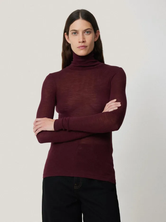 Jigsaw Wool Jersey Polo Neck Top Burgundy Women Knitwear and Cashmere