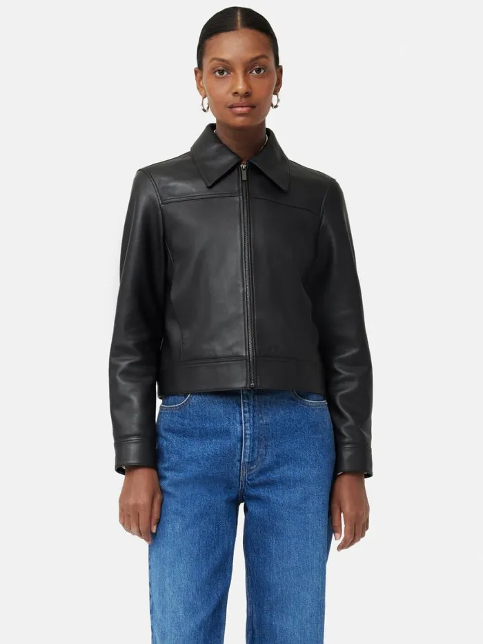 Jigsaw Zip Front Leather Biker Jacket Black Women Leather