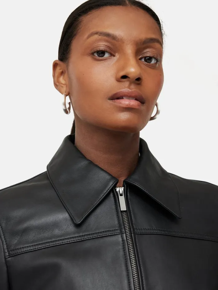 Jigsaw Zip Front Leather Biker Jacket Black Women Leather