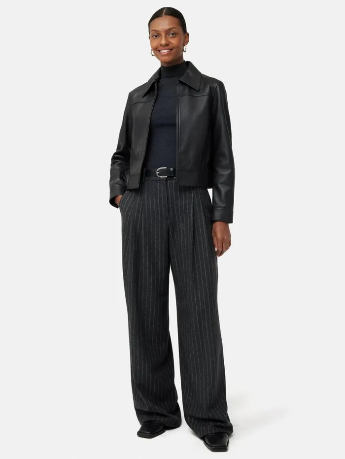 Jigsaw Zip Front Leather Biker Jacket Black Women Leather