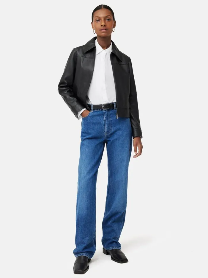 Jigsaw Zip Front Leather Biker Jacket Black Women Leather