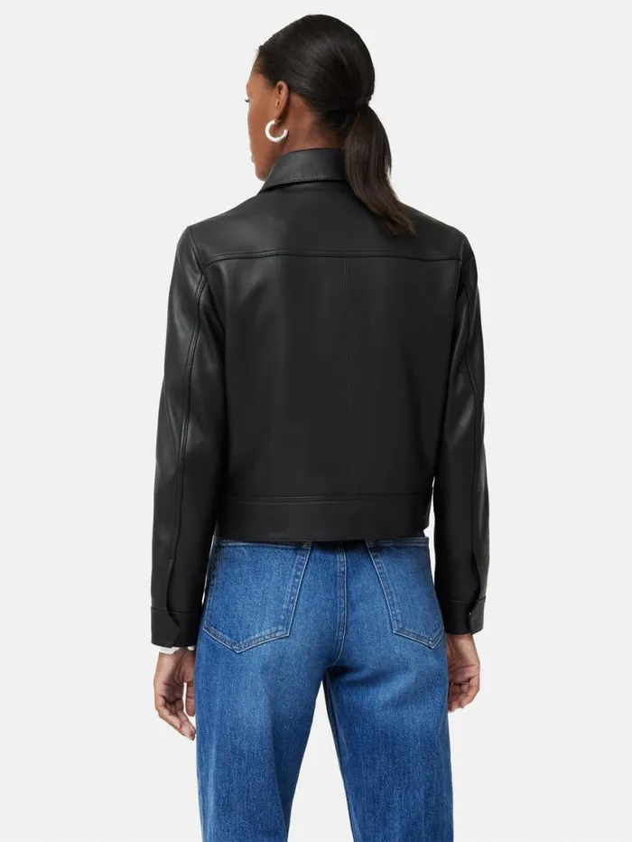 Jigsaw Zip Front Leather Biker Jacket Black Women Leather
