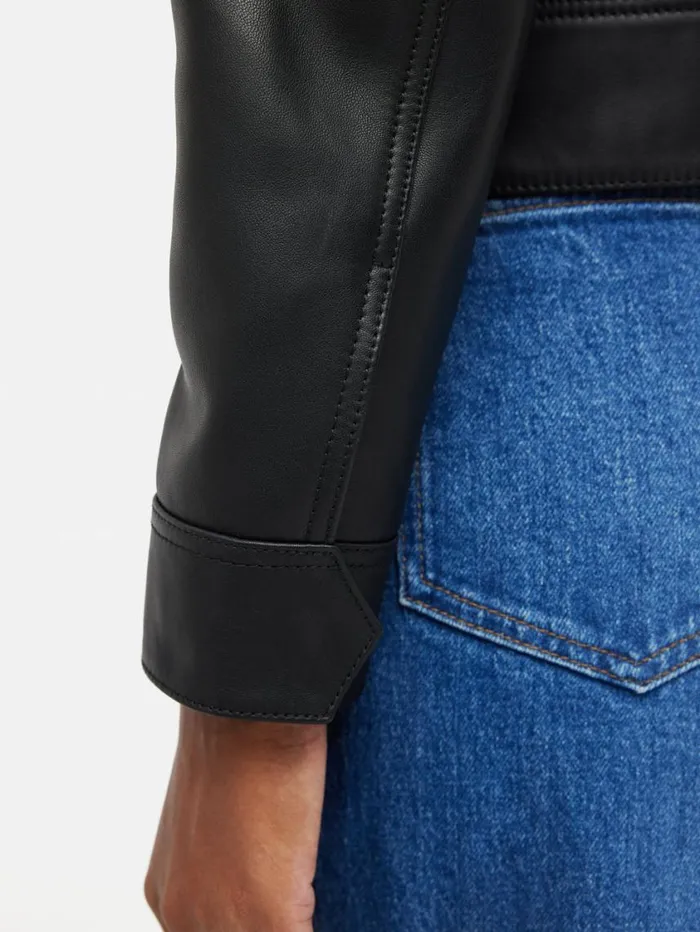 Jigsaw Zip Front Leather Biker Jacket Black Women Leather
