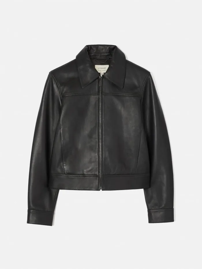 Jigsaw Zip Front Leather Biker Jacket Black Women Leather