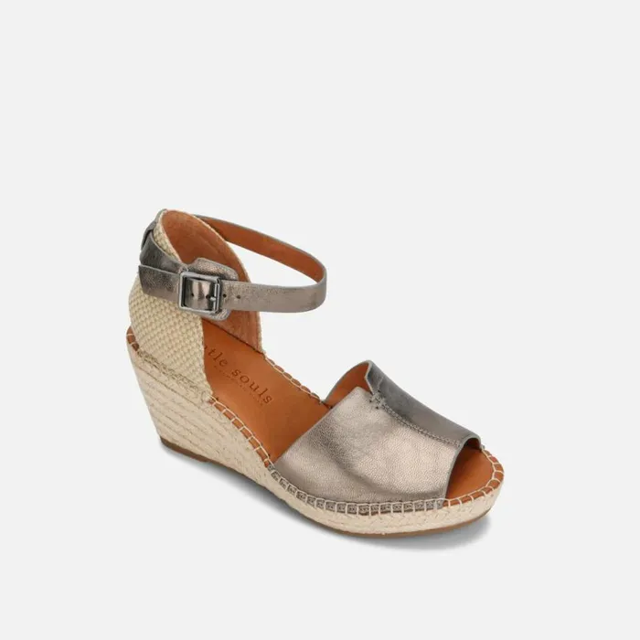 Kenneth Cole Charli Leather Floral Espadrille Wedge Pewter Women Gentle Souls