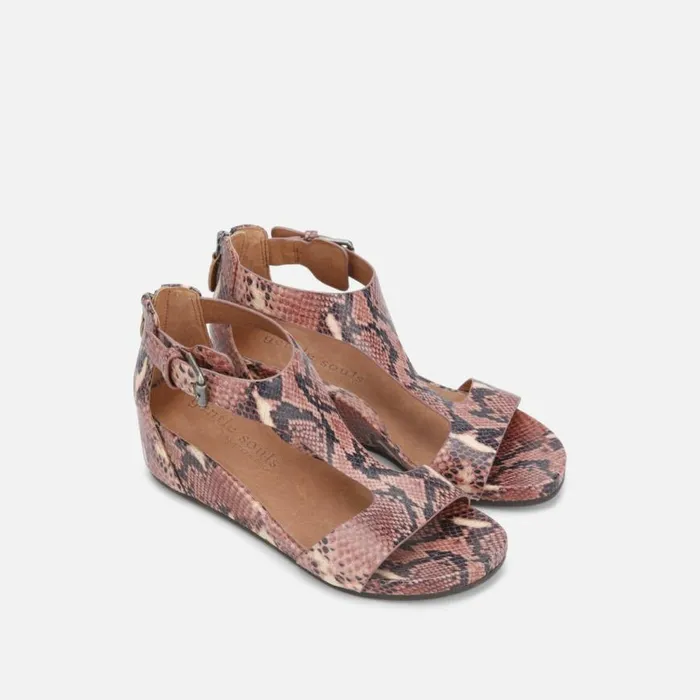 Kenneth Cole Gisele Snakeskin Leather TStrap Wedge Sandal Brown Multi Women Gentle Souls