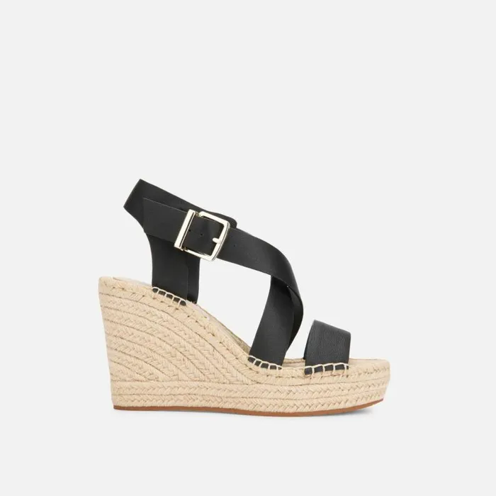 Kenneth Cole Owen Leather Cross Espadrille Wedge Sandal Black Women Sandals