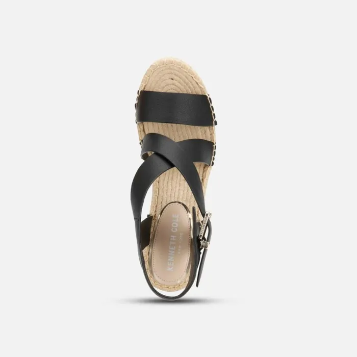 Kenneth Cole Owen Leather Cross Espadrille Wedge Sandal Black Women Sandals