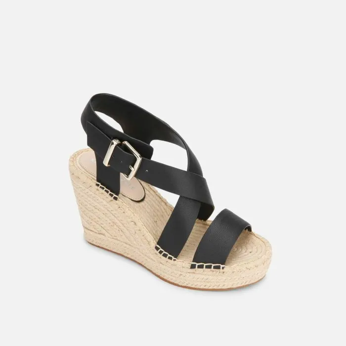 Kenneth Cole Owen Leather Cross Espadrille Wedge Sandal Black Women Sandals