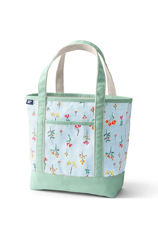 Lands039 End Accessories Men Embroidered Medium Open Top Canvas Tote Bag Blue Botanical Floral Check Lands039 End Accessories Men Embroidered Medium Open Top Canvas Tote Bag Blue Botanical Floral Check