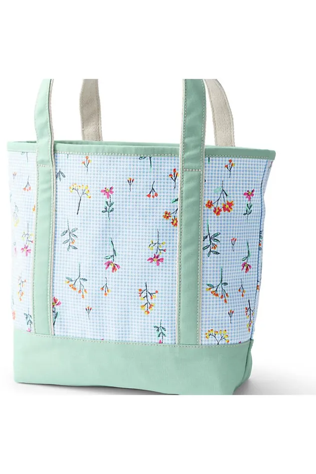 Lands039 End Accessories Men Embroidered Medium Open Top Canvas Tote Bag Blue Botanical Floral Check