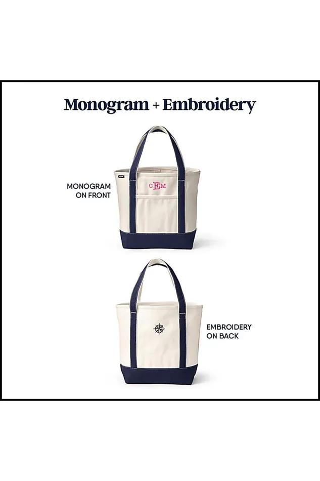 Lands039 End Accessories Men Embroidered Medium Open Top Canvas Tote Bag Blue Botanical Floral Check