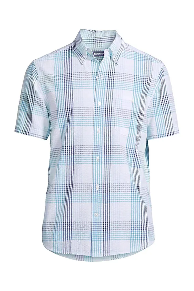 Lands039 End Casual Shirts Men Big Traditional Fit Short Sleeve Seersucker Shirt Soft Blue Haze