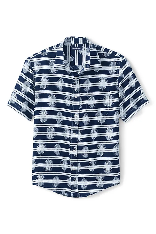 Lands039 End Casual Shirts Men Traditional Fit Short Sleeve Linen Shirt Deep Sea Navy Palm Stripe Lands039 End Casual Shirts Men Traditional Fit Short Sleeve Linen Shirt Deep Sea Navy Palm Stripe