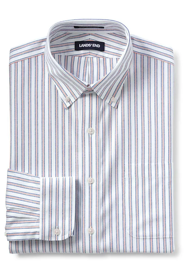 Lands039 End Dress Shirts Men Pattern No Iron Supima Oxford Dress Shirt Zesty Orange Multi Stripe