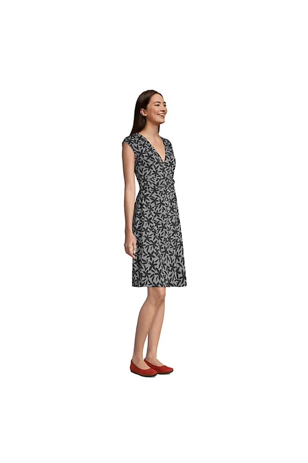 Lands039 End Dresses Women Cotton Modal Jersey Surplice Fit And Flare Dress Forest Moss Mini Floral