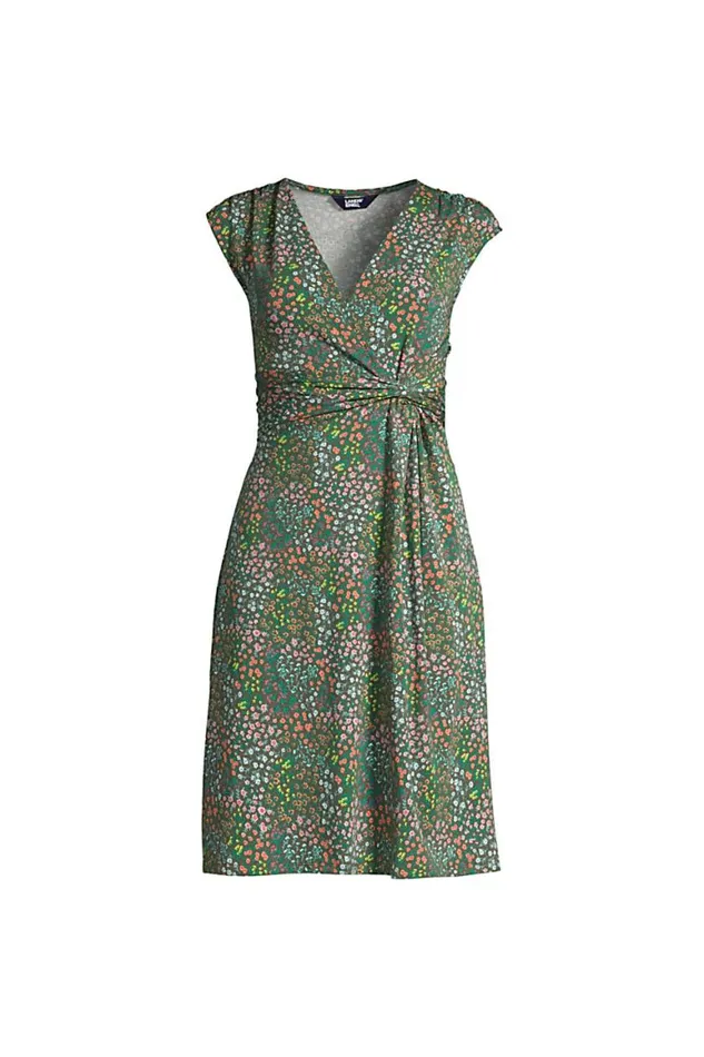Lands039 End Dresses Women Cotton Modal Jersey Surplice Fit And Flare Dress Forest Moss Mini Floral