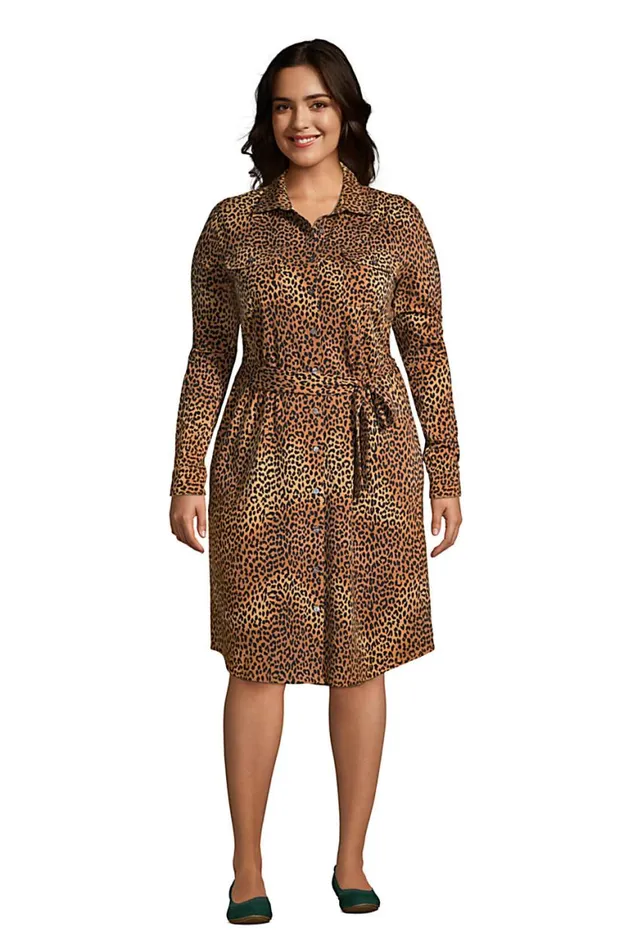 Lands039 End Dresses Women Plus Size Cotton Modal Jersey Button Front Dress Warm Tawny Brown Leopard