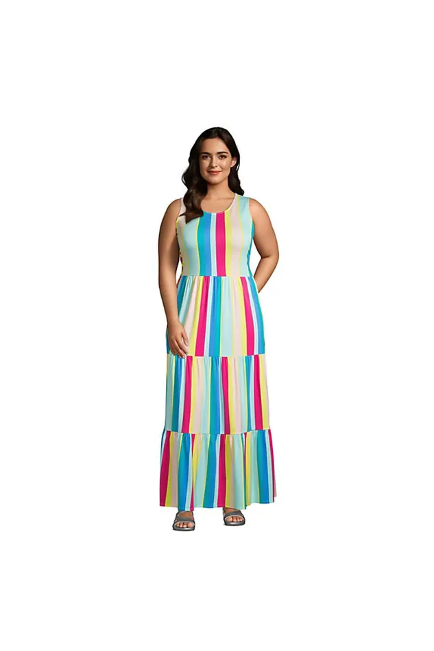 Lands039 End Dresses Women Plus Size Sleeveless Tiered Maxi Dress Multi Rainbow Stripe