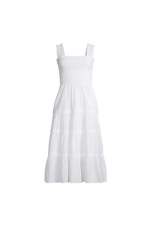 Lands039 End Dresses Women Sleeveless Cotton Poplin Smocked Dress White Clip Dot