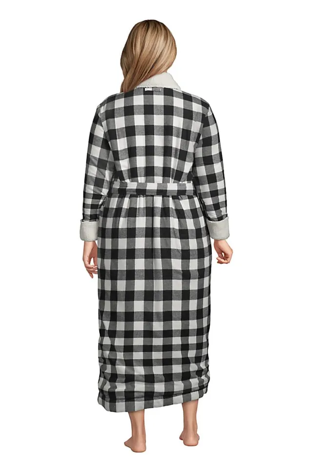 Lands039 End Pajamas and Robes Women Plus Size Flannel Sherpa Fleece Lined Long Robe Black