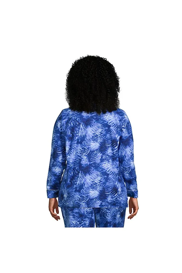 Lands039 End Pajamas and Robes Women Plus Size Long Sleeve Print Flannel Pajama Top Deep Sea Navy Tie Dye Palm
